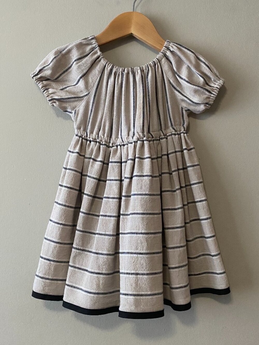 Handmade Children's Upcycled Cotton Linen Blend Taupe Black White Stripes Dress